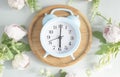 Flowers And Clock In Purple Vintage Tone, Soft Romance Background Royalty Free Stock Photo