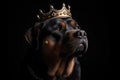 Beautiful Rottweiler Dog In Gold Crown On Matte Black Background. Generative AI