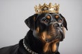 Beautiful Rottweiler Dog In Gold Crown On White Background. Generative AI