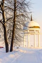 A beautiful rotunda on the winter embankment on Lake Onega in the city of Petrozavodsk, Karelia.