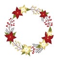 Floral Christmas Wreath with Red and Yellow Flowers, Red Berries and Green Leaves. Vector Floral Xmas Wreath Royalty Free Stock Photo