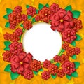 Beautiful round frame with 3d red and orange paper cut out flowers and green leaves