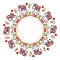 Beautiful round frame with flowers, cute cartoon elephants, dancing monkeys and raspberries.