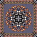 Beautiful round ornament in ethnic style. Flower mandala and zigzag frame on dark grey background. Vector illustration.