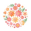Beautiful round pattern with pink and yellow embroidered flowers. Colorful summer embroidery