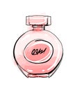 Beautiful round perfume bottle, women s pink glass bottle of toilet water. Modern fashion sketch, watercolor and line Royalty Free Stock Photo