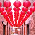 Beautiful round red lantern hanging on old traditional street, concept of Chinese lunar new year festival, close up. The undering Royalty Free Stock Photo