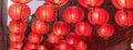 Beautiful round red lantern hanging on old traditional street, concept of Chinese lunar new year festival, close up. The undering Royalty Free Stock Photo