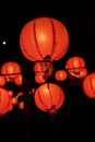 Beautiful round red lantern hanging on old traditional street, concept of Chinese lunar new year festival in Taiwan, close up. The Royalty Free Stock Photo