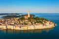 Beautiful Rovinj at sunrise. Morning aerial photo. The old town of Rovinj, Istria, Croatia