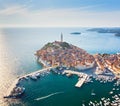 Beautiful Rovinj at sunset. Aerial photo. The old town of Rovinj, Istria, Croatia Royalty Free Stock Photo