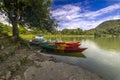 Beautiful row Boats in Phewa Lake and blue sky on background