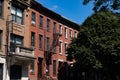 Row of Colorful Old Brick Apartment Buildings with Green Trees along a Residential Street in Williamsburg Brooklyn Royalty Free Stock Photo