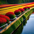 Beautiful row of red flowers potted as bunch of plants