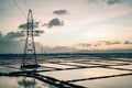 Power lines along rice paddys in vietnam