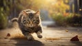 A beautiful, running cat on a blurred background. Space for text