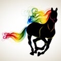 Beautiful running Horse black silhouette with bright color abstract tail and mane