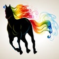Beautiful running Horse black silhouette with bright color abstract tail and mane