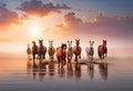 Beautiful running horses in canal in snuset light, AI generative