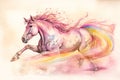 Beautiful running pink horse with a colored rainbow. AI generated