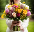 Beautiful rural lady in a white dress with a bouquet of flowers Royalty Free Stock Photo