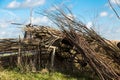 Beautiful rural landscape, fence, field, windmill Dutch windmill. Royalty Free Stock Photo