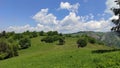 Beautiful rural landscape with green fields and white clouds in the blue sky. Royalty Free Stock Photo