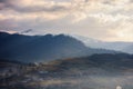 beautiful rural landscape on a misty early spring morning