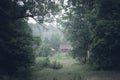 Beautiful rural landscape after the rain. Large trees in the foreground and a small farmstead in the background. A wooden barn and Royalty Free Stock Photo