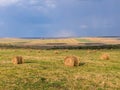 beautiful rural landscape with rolls of hay on agricultural wheat field Royalty Free Stock Photo