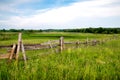 Beautiful rural landscape with a wooden fence on a wild meadow Royalty Free Stock Photo