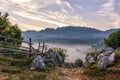 Beautiful rural mountain landscape in the sunrise light with morning fog, Fundatura Ponorului Royalty Free Stock Photo