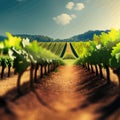 Beautiful rural scene with vineyard on hills with trees and bushes against Royalty Free Stock Photo