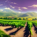 Beautiful rural scene with vineyard on hills with trees and bushes against Royalty Free Stock Photo