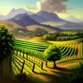 Beautiful rural scene with vineyard on hills with trees and bushes against Royalty Free Stock Photo