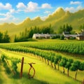 Beautiful rural scene with vineyard on hills with trees and bushes against Royalty Free Stock Photo