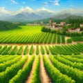 Beautiful rural scene with vineyard on hills with trees and bushes against Royalty Free Stock Photo