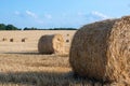 Beautiful rural Ukrainian landscape. Round bales of straw on harvested fields and a blue sky with clouds Royalty Free Stock Photo