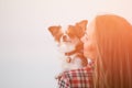 Beautiful russian caucasian young woman in plaid casual shirt holding chihuahua dog smiling with happiness on sunset Royalty Free Stock Photo