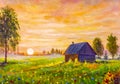 Beautiful Russian countryside landscape oil painting old wooden house in flower field at sunset