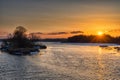 Beautiful russian early winter landscape with non frozen river, Royalty Free Stock Photo