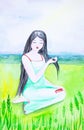 A beautiful Russian girl in the open field combs her long black hair. Watercolor illustration