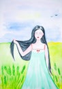 A beautiful Russian girl in the open field stands with her eyes closed and holds her long black hair in the wind. Watercolor