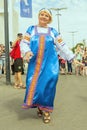 beautiful Russian woman in national clothes greeting guests at the World Cup Royalty Free Stock Photo