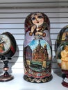 Beautiful Russian wooden matryoshka dolls in the store