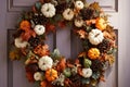 beautiful rustic autumn wreath decoration with leaves, pine cones and pumpkins on a door
