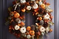 beautiful rustic autumn wreath decoration with leaves, pine cones and pumpkins on a door