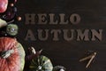 Beautiful rustic fall flat lay with leaves, pumpkins, chestnuts and letters hello autumn on wooden background Royalty Free Stock Photo