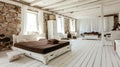 beautiful rustic and spacious room with a white wooden floor . Generative Ai