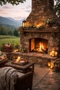 Rustic Outdoor Stone Fireplace with Candles, Lanterns and Mountain View Royalty Free Stock Photo